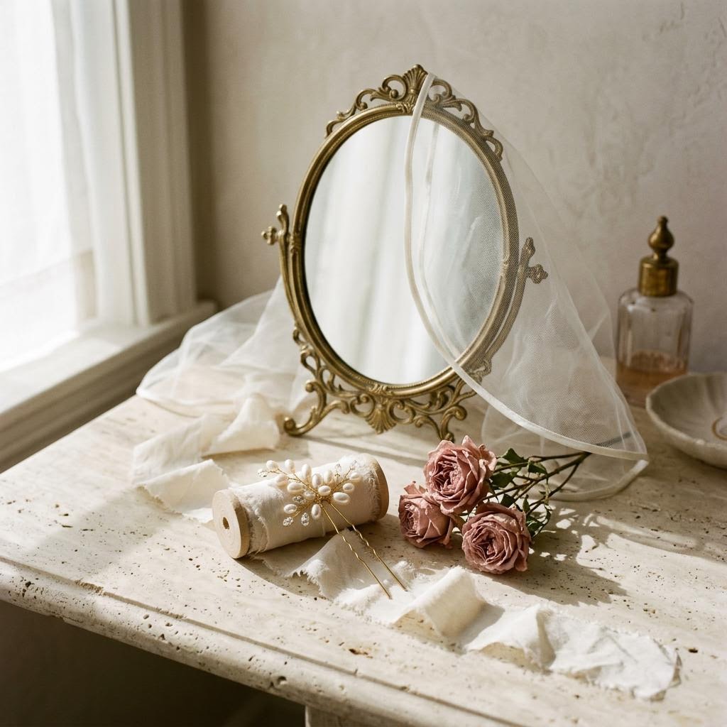 Conceptual beauty detail inspiration with silk, pearls and flowers